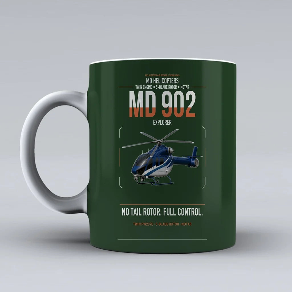 MD Helicopters MD 902 Explorer design on dark green ceramic mug, double-side print
