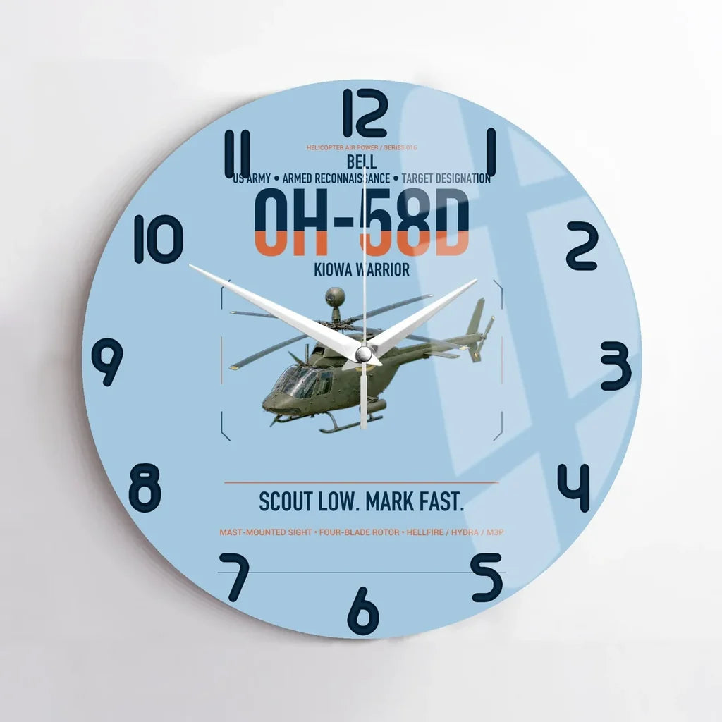 Bell OH-58D Kiowa Warrior design on light blue no frame wall clock