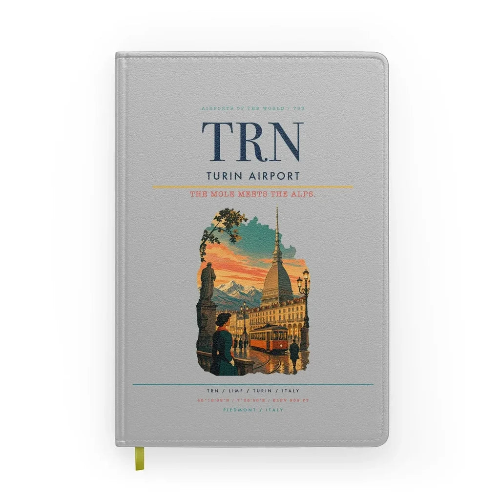 Turin Airport (TRN) design on light gray notebook