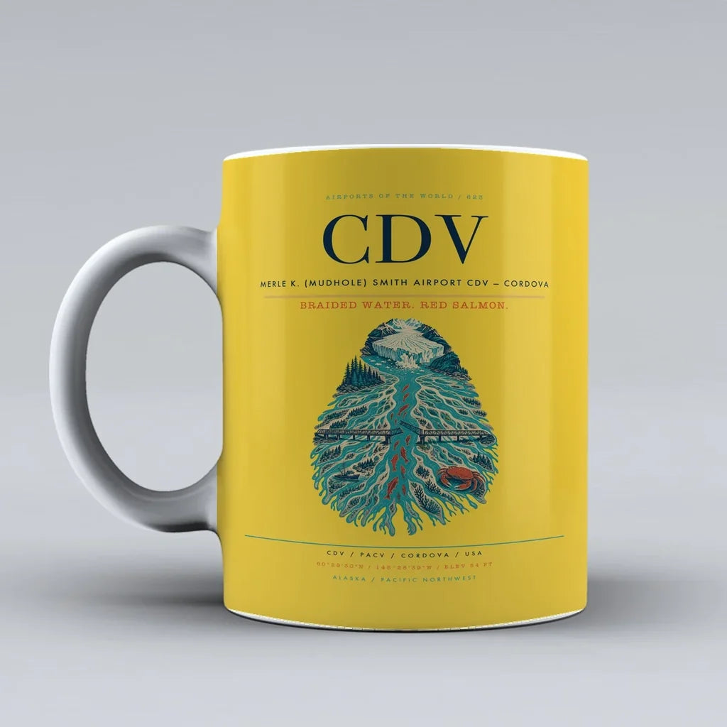 Merle K. (Mudhole) Smith Airport (CDV) airport code design on yellow ceramic mug