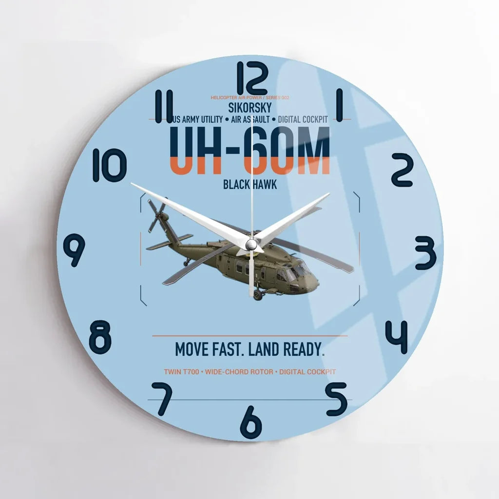 Sikorsky UH-60M Black Hawk design on light blue no frame wall clock