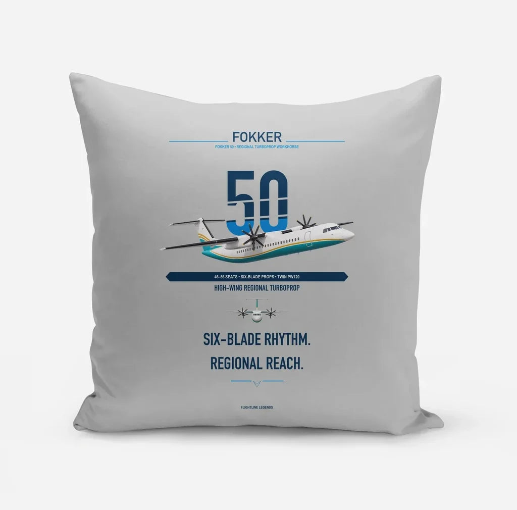 Fokker 50 design on light gray pillow