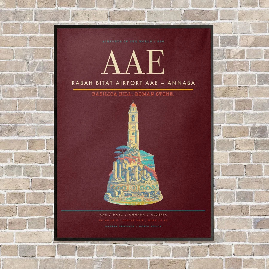 Rabah Bitat Airport AAE — Annaba vertical canvas print - framed - dark red background