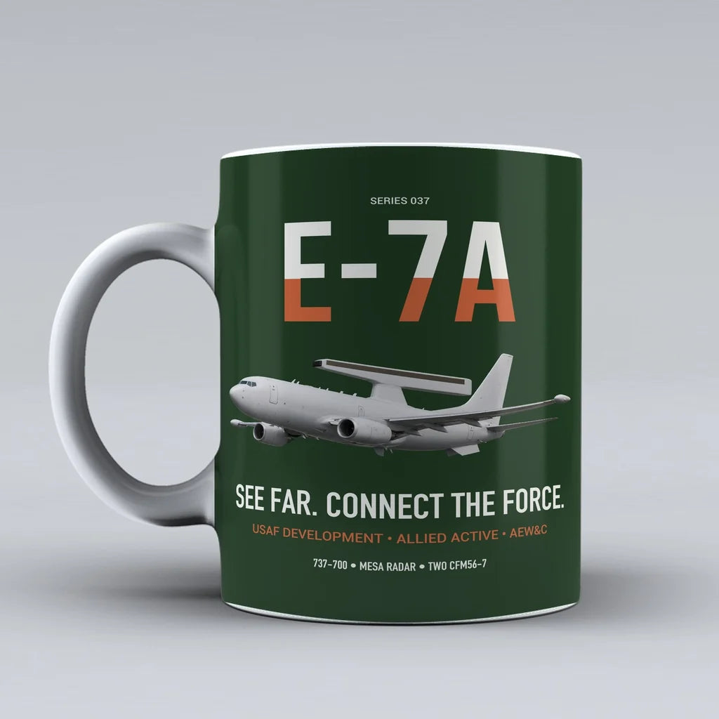 E-7A Wedgetail design on dark green ceramic mug, double-side print