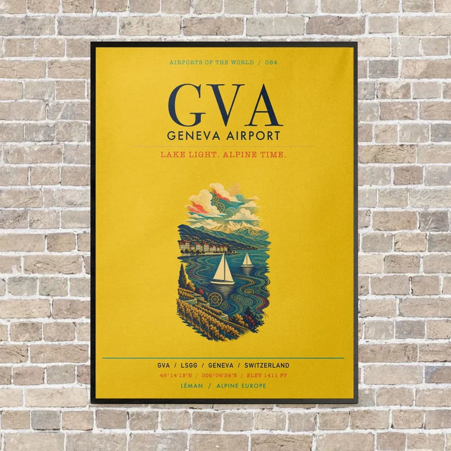 Geneva Airport GVA vertical canvas print - framed - yellow background