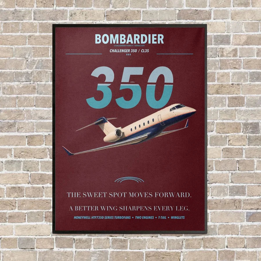 Bombardier Challenger 350 vertical canvas print - framed - dark red background