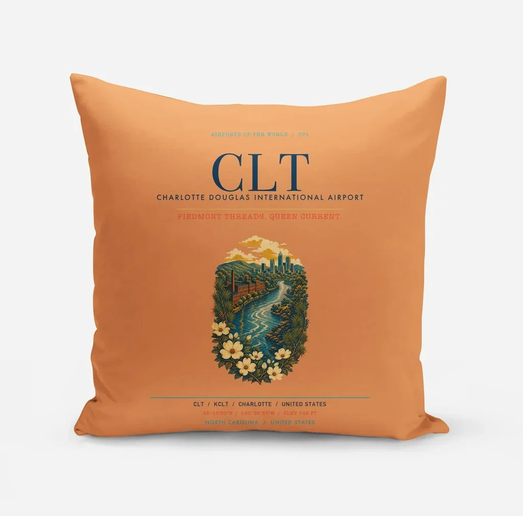 Charlotte Douglas International Airport (CLT) design on orange pillow