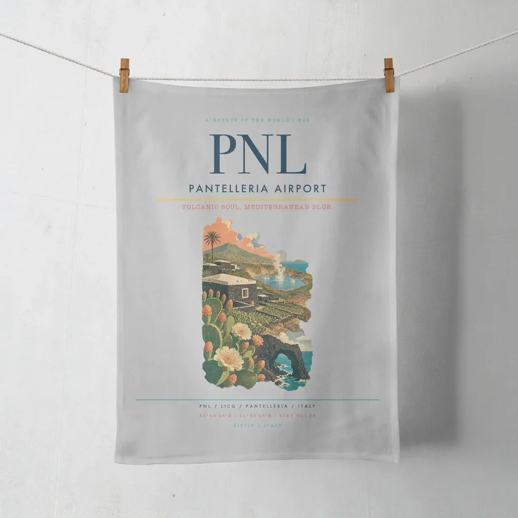 Pantelleria Airport (PNL) design on light gray towel
