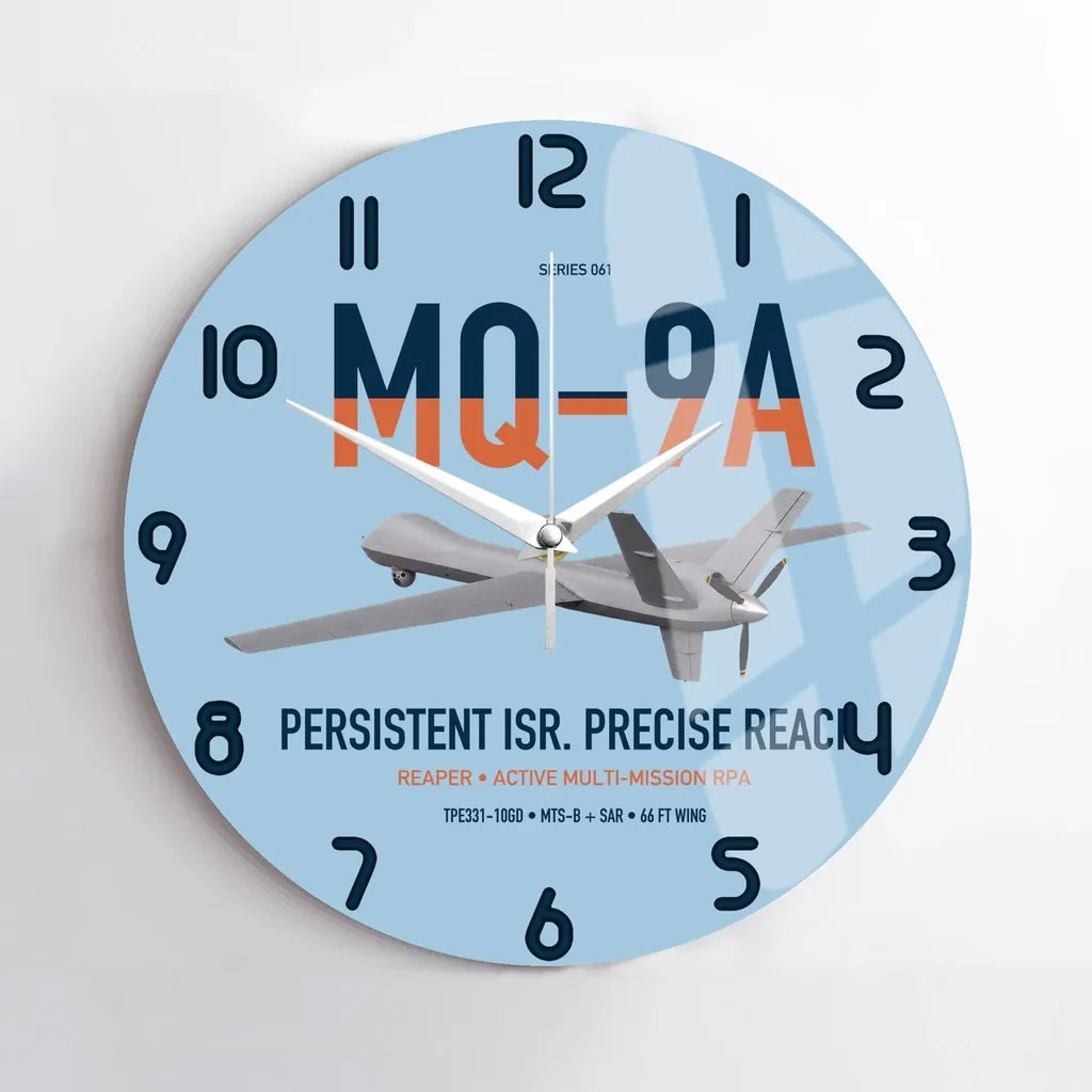 MQ-9A Reaper design on light blue no frame wall clock