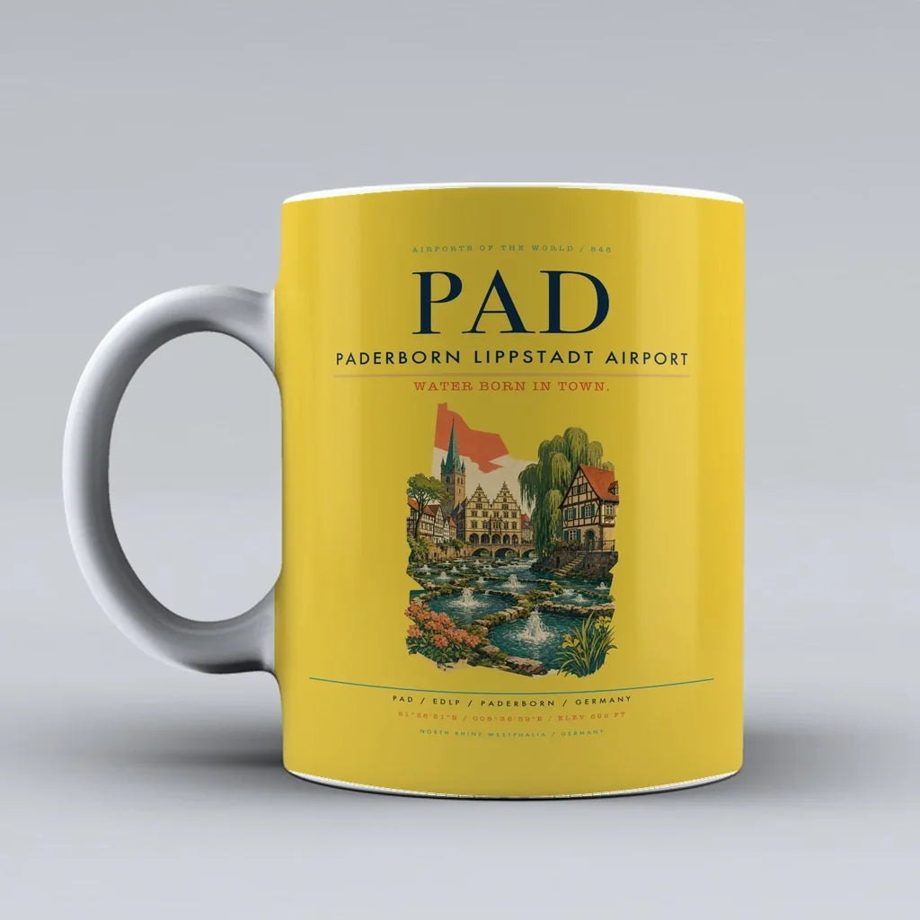 Paderborn Lippstadt Airport (PAD) airport code design on yellow ceramic mug