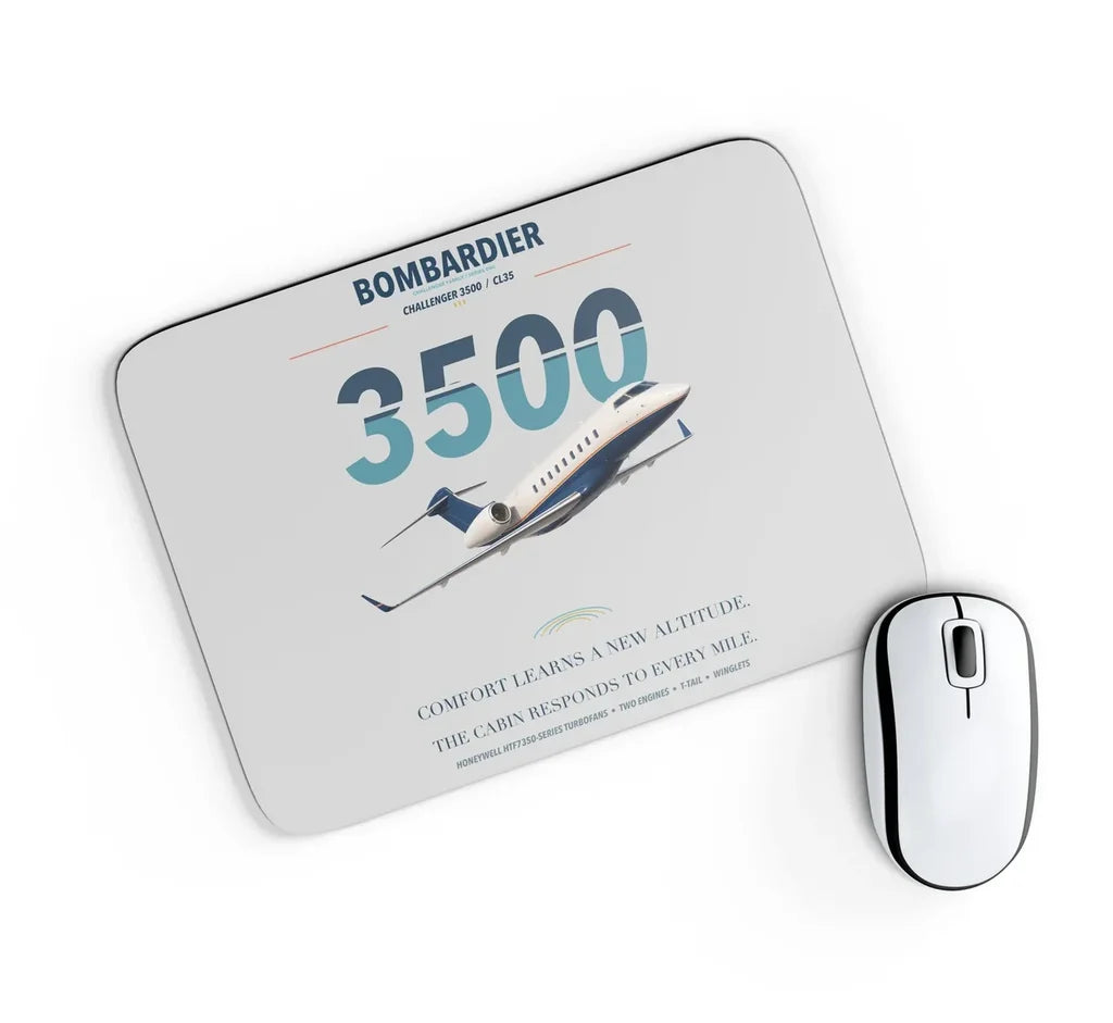 Bombardier Challenger 3500 design on light gray rectangle mouse pad
