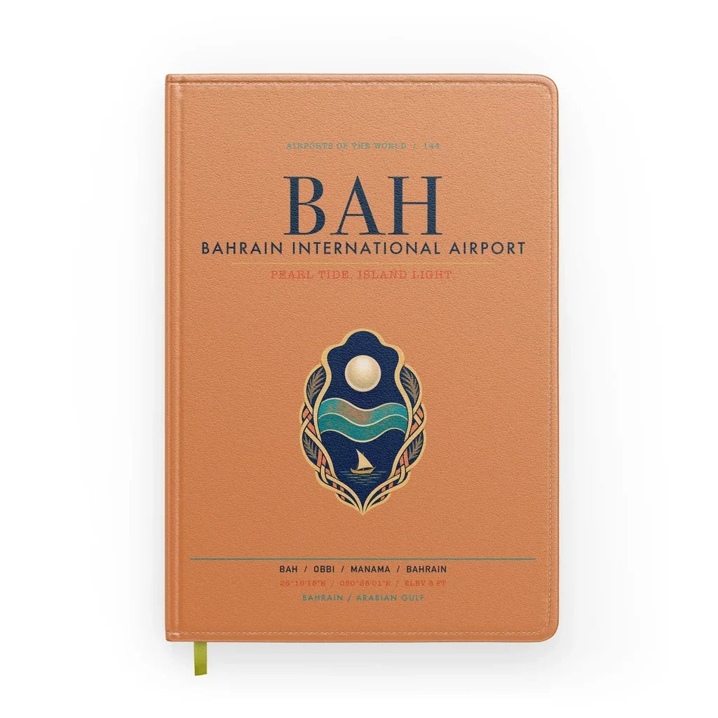 Bahrain International Airport (BAH) design on orange notebook