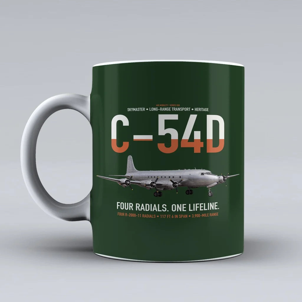 C-54D Skymaster design on dark green ceramic mug, double-side print