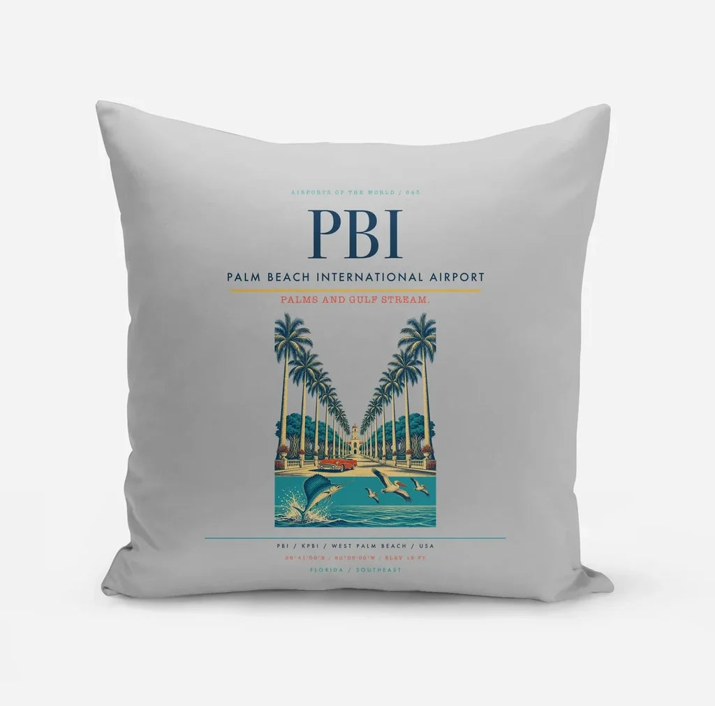 Palm Beach International Airport (PBI) design on light gray pillow