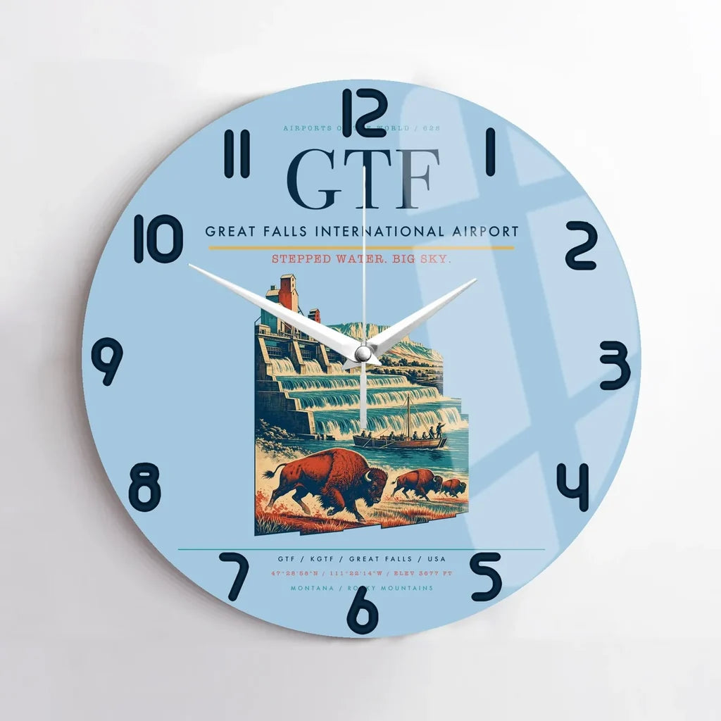 Great Falls International Airport (GTF) design on light blue no frame wall clock