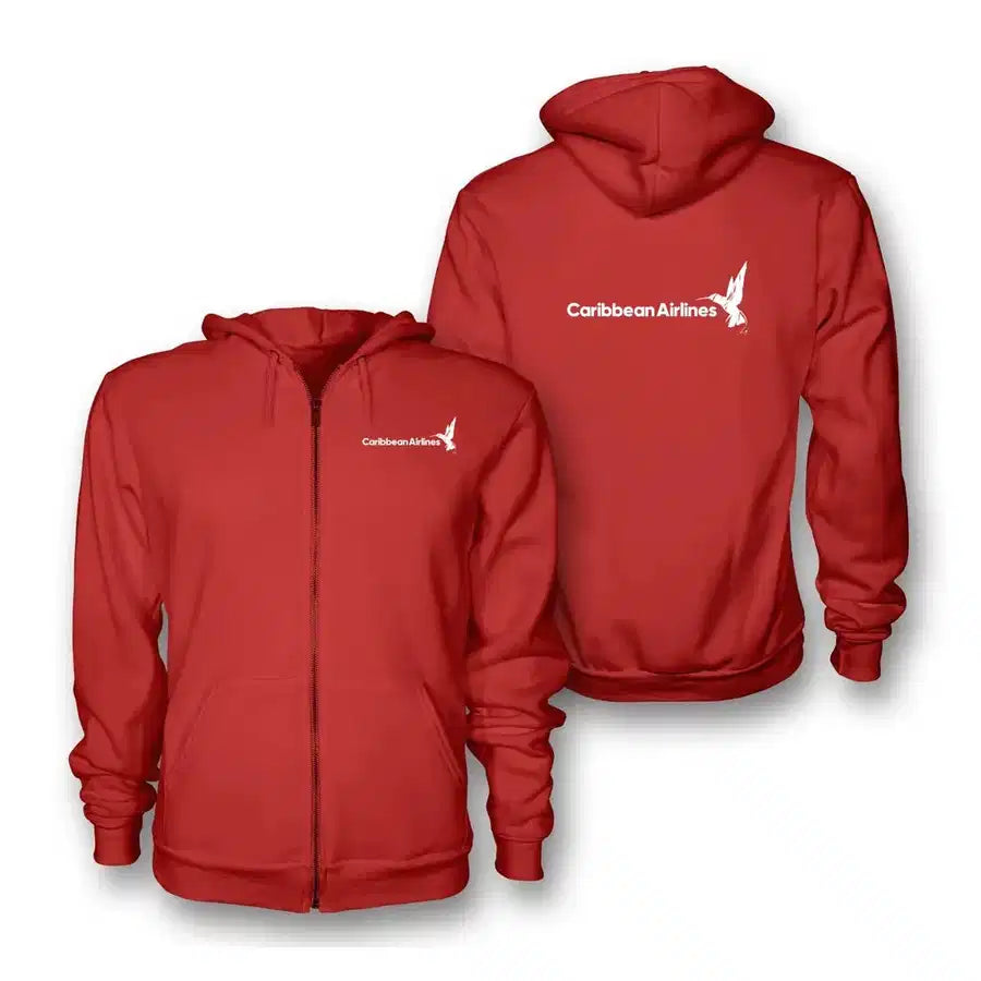 Caribbean Airlines logo on red zipped hoodie