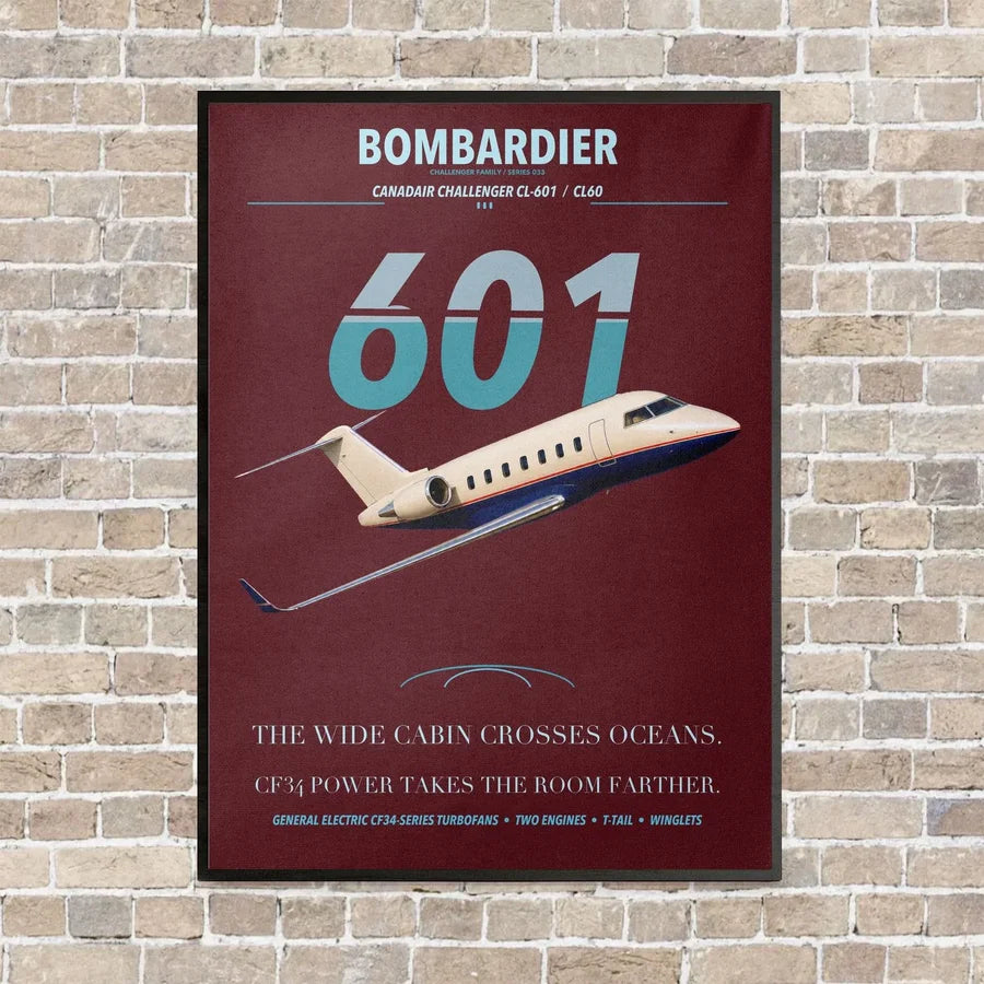 Bombardier Challenger 601 vertical canvas print - framed - dark red background