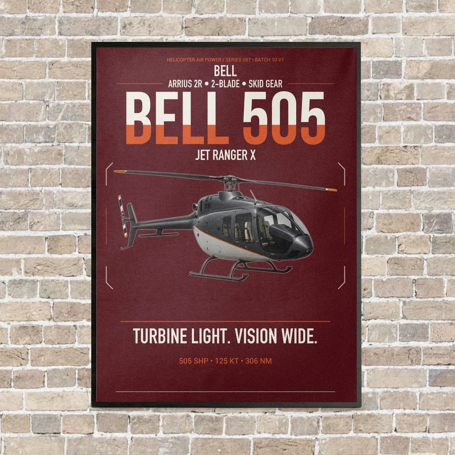 Bell 505 Jet Ranger X vertical canvas print - framed - dark red background
