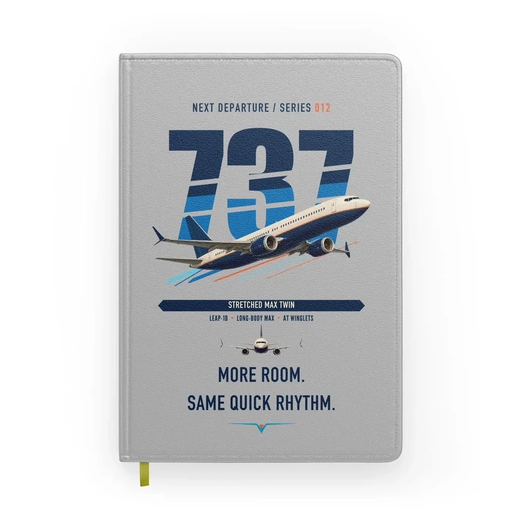 Boeing 737 MAX 9 design on light gray notebook