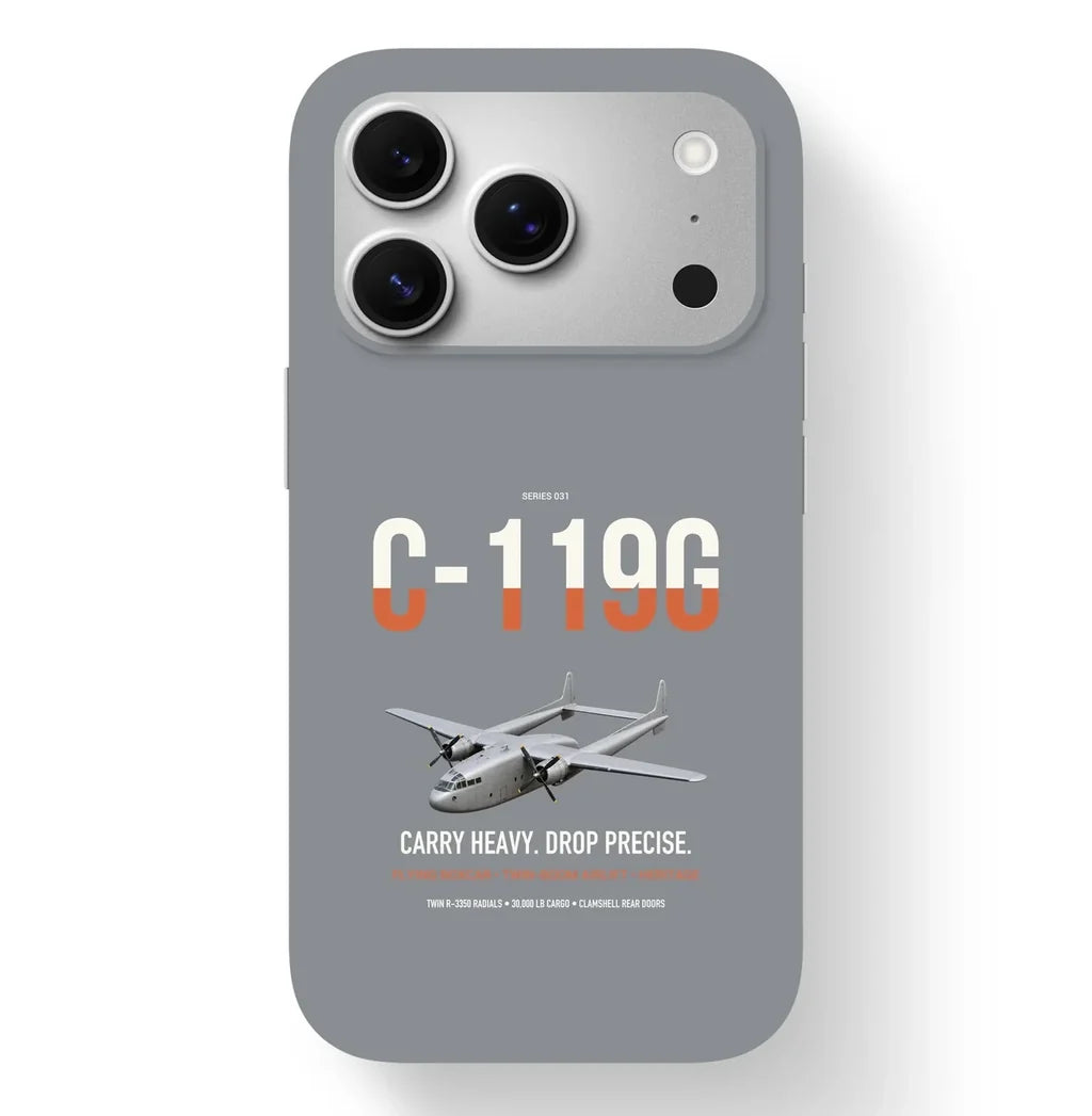 C-119G Flying Boxcar design on gray magsafe iphone case, for iPhone 17 Pro