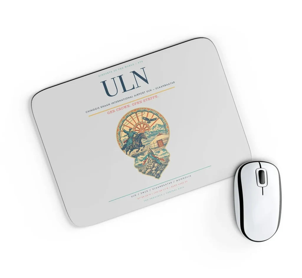 Chinggis Khaan International Airport (ULN) design on light gray rectangle mouse pad