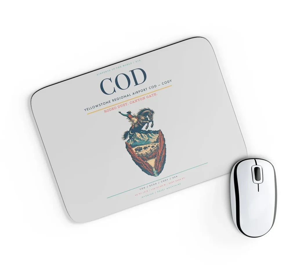 Yellowstone Regional Airport (COD) design on light gray rectangle mouse pad