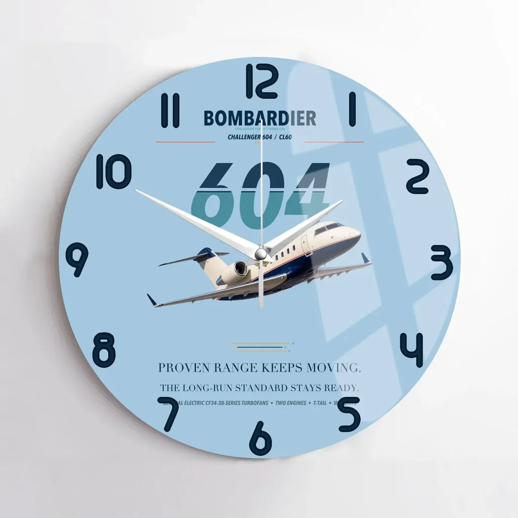 Bombardier Challenger 604 design on light blue no frame wall clock