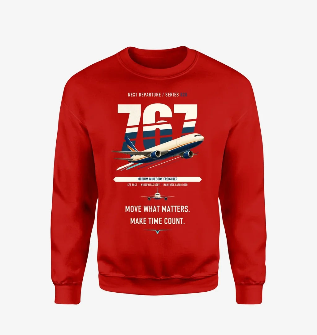 Boeing 767-300F design on red sweatshirt