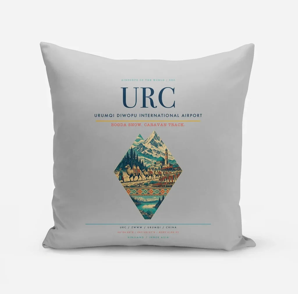 Urumqi Diwopu International Airport (URC) design on light gray pillow