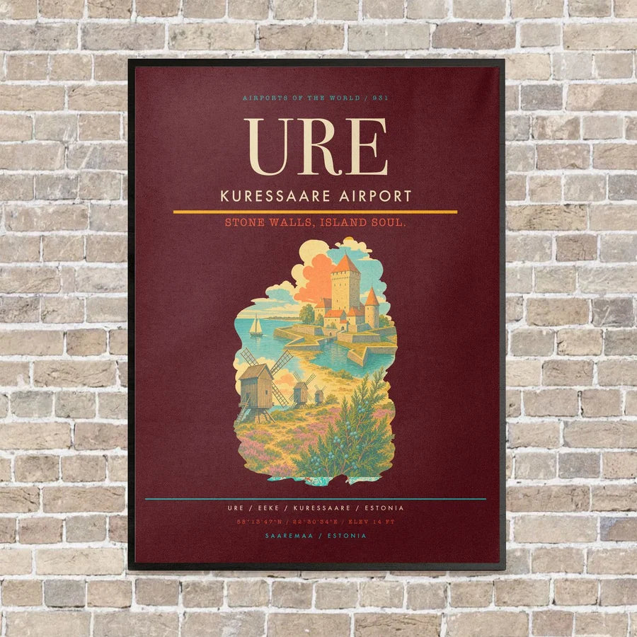Kuressaare Airport URE vertical canvas print - framed - dark red background
