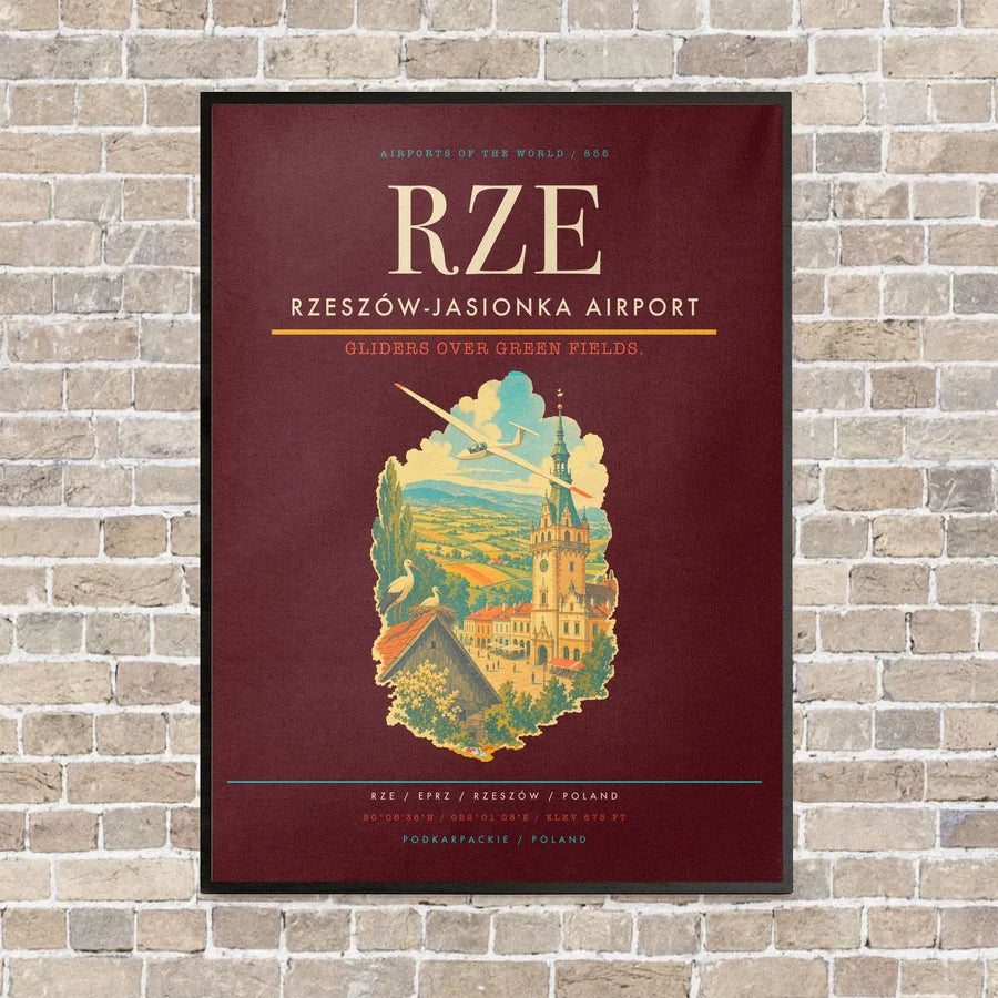 Rzeszów-Jasionka Airport RZE vertical canvas print - framed - dark red background