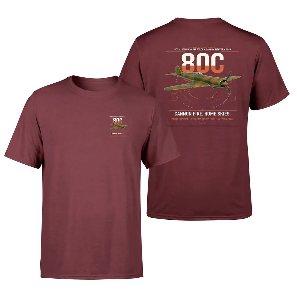 IAR 80C design on dark red t-shirt, double-side print