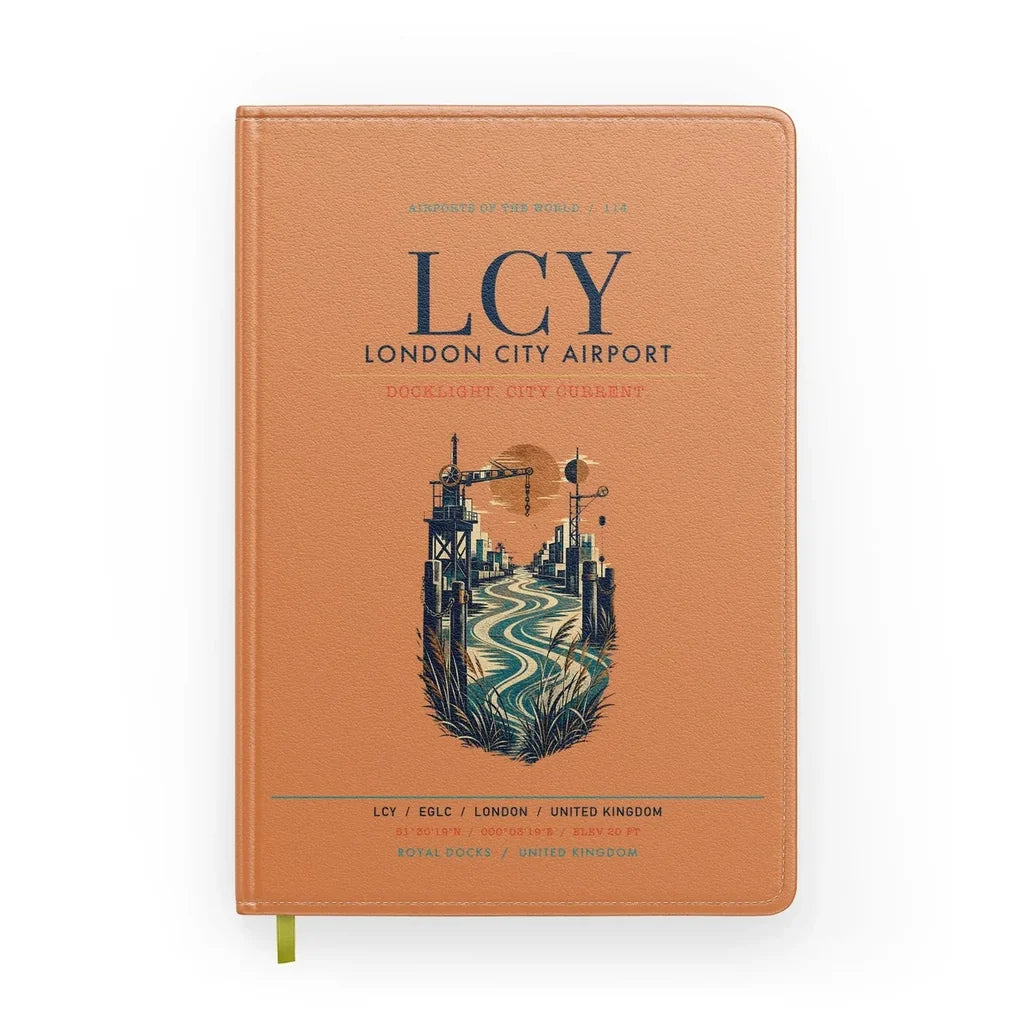 London City Airport (LCY) design on orange notebook