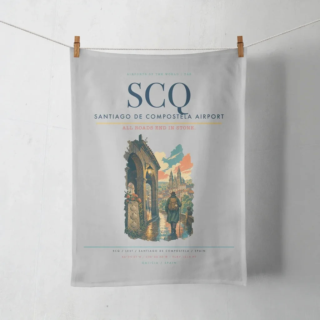 Santiago de Compostela Airport (SCQ) design on light gray towel