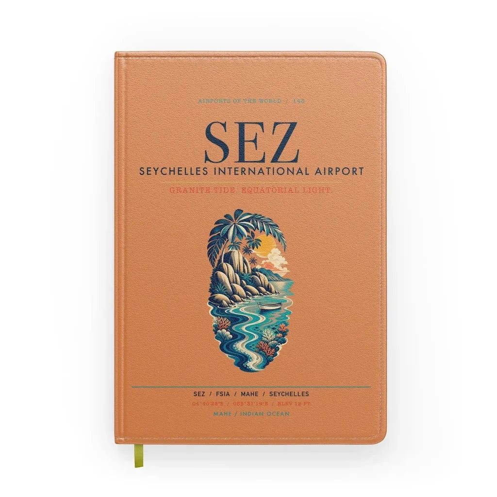 Seychelles International Airport (SEZ) design on orange notebook
