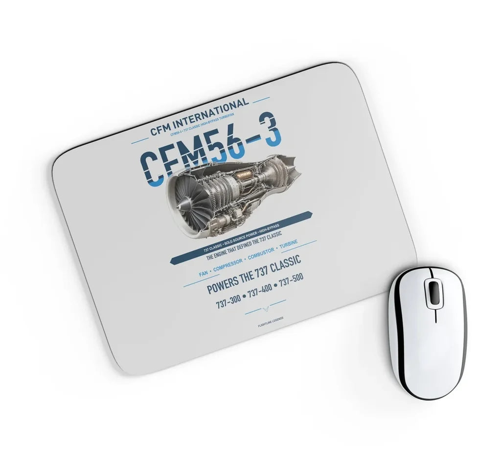 CFM56-3 design on light gray rectangle mouse pad