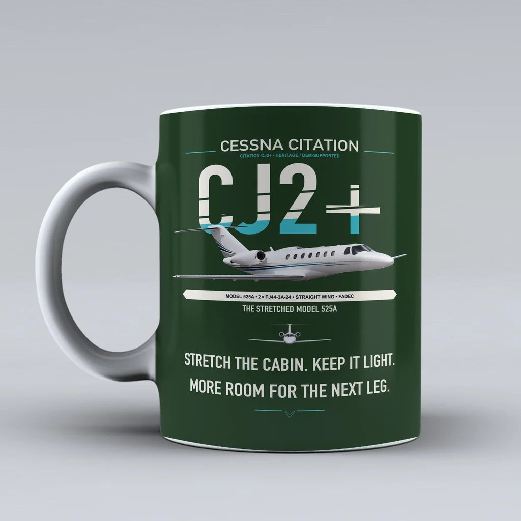 Cessna Citation CJ2+ design on dark green ceramic mug, double-side print