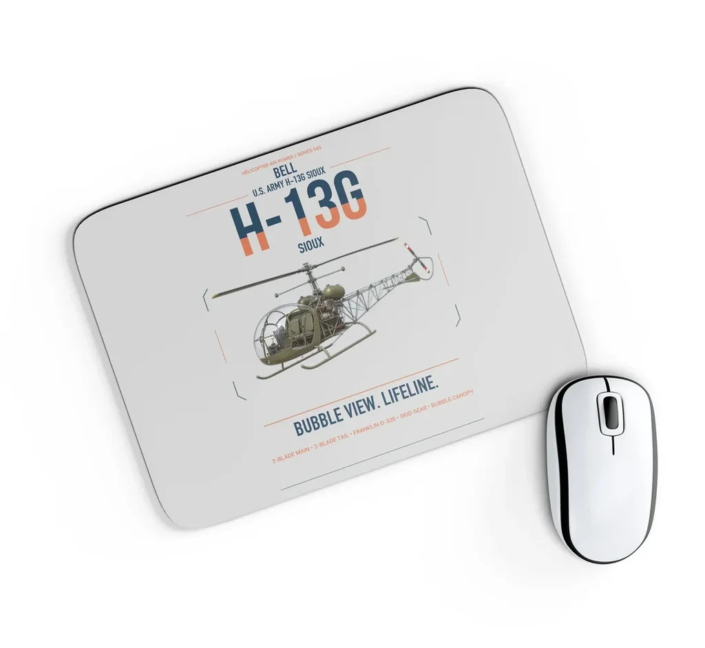 Bell H-13G Sioux design on light gray rectangle mouse pad