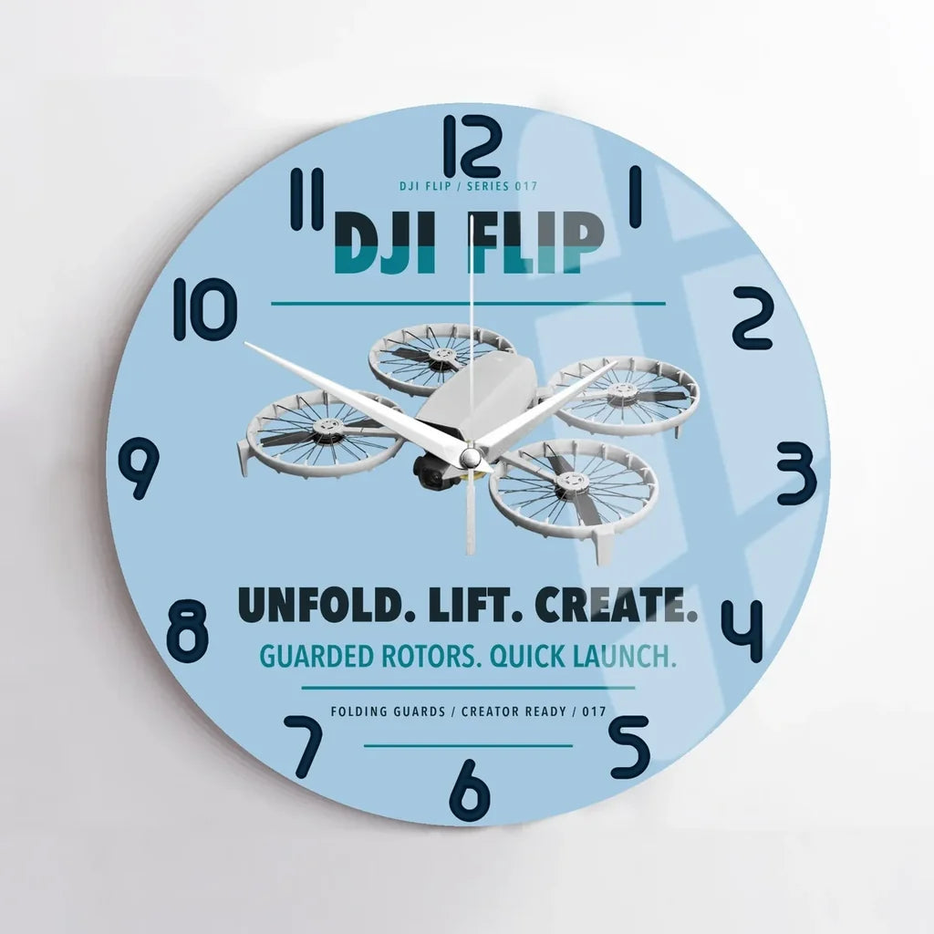 DJI Flip design on light blue no frame wall clock