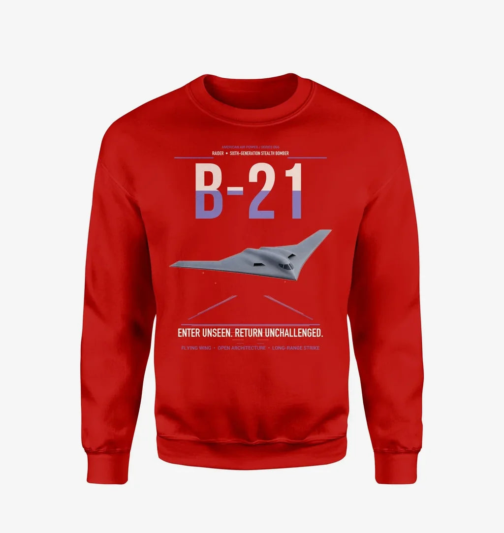 B-21 Raider design on red sweatshirt