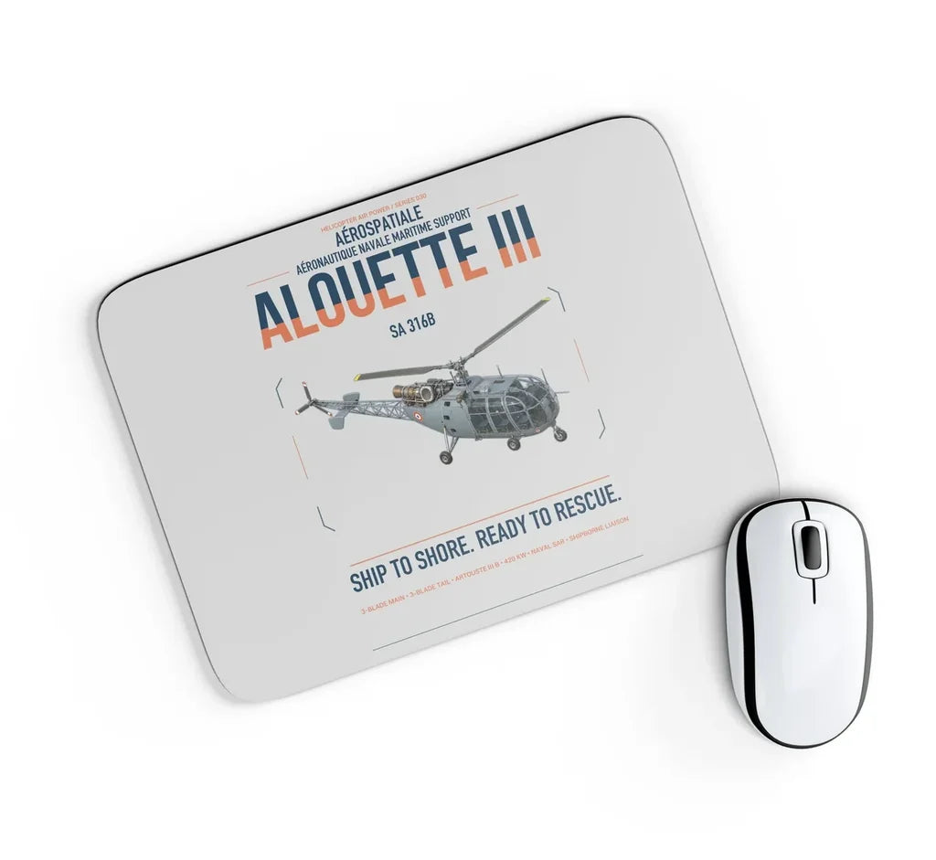Aérospatiale SA 316B Alouette III design on light gray rectangle mouse pad