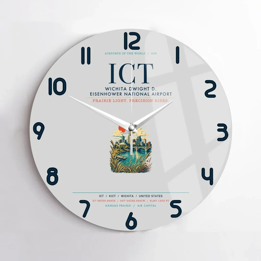 Wichita Dwight D. Eisenhower National Airport (ICT) design on light gray no frame wall clock
