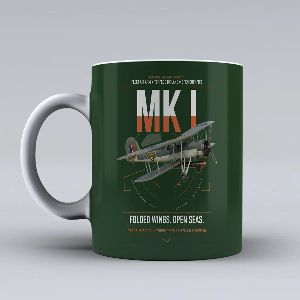 Fairey Swordfish Mk I design on dark green ceramic mug, double-side print