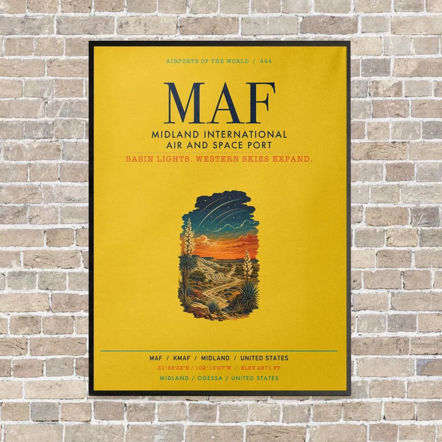 Midland International Air and Space Port MAF vertical canvas print - framed - yellow background