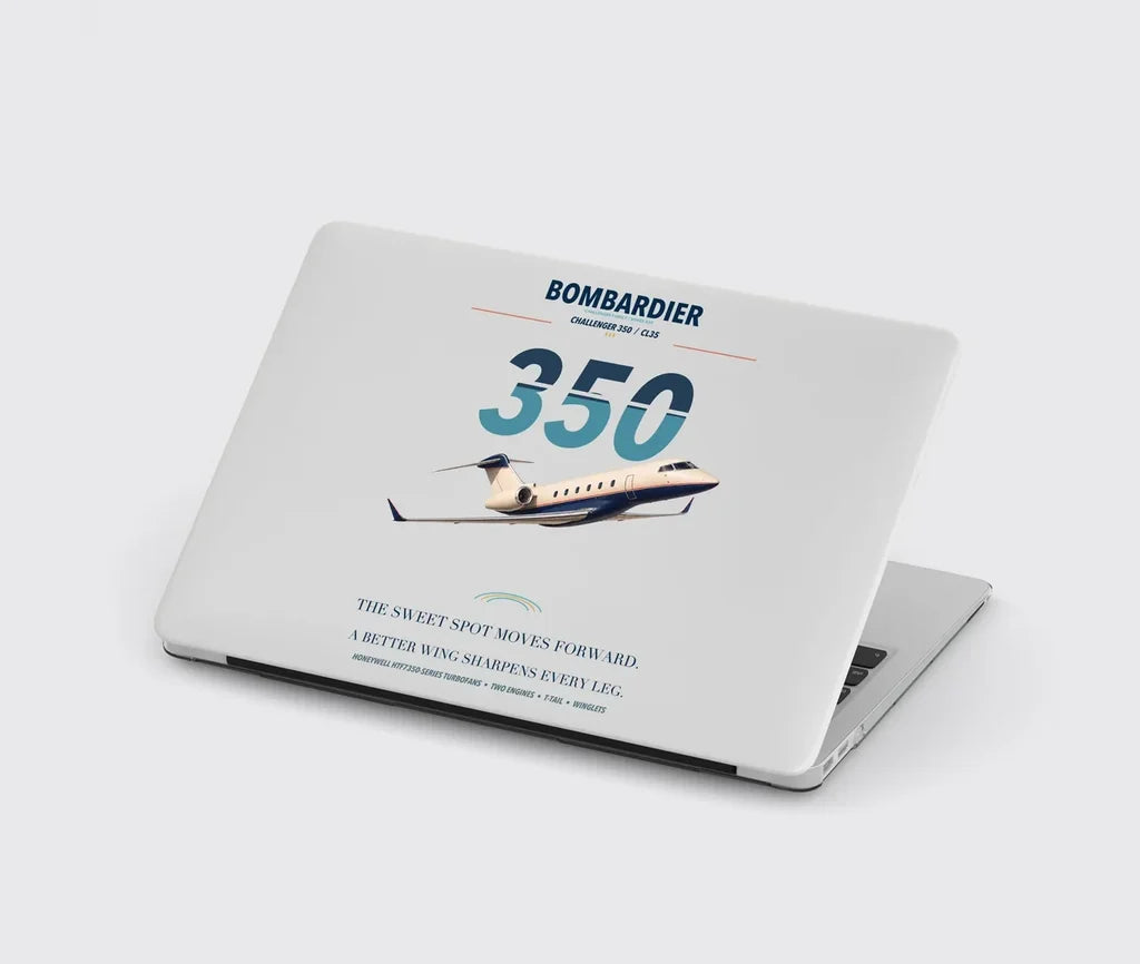 Bombardier Challenger 350 design on light gray MacBook case