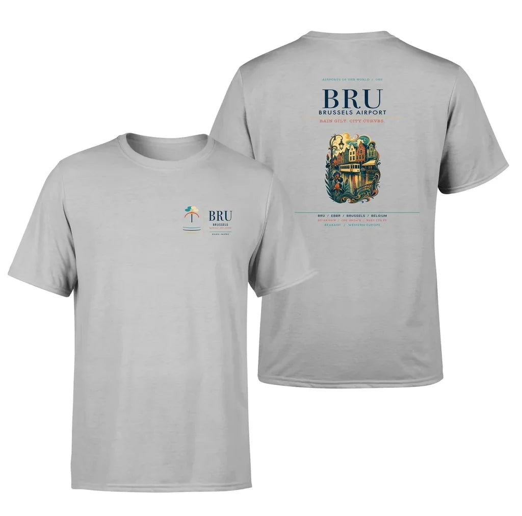 Brussels Airport (BRU) design printed on light gray double-side t-shirt