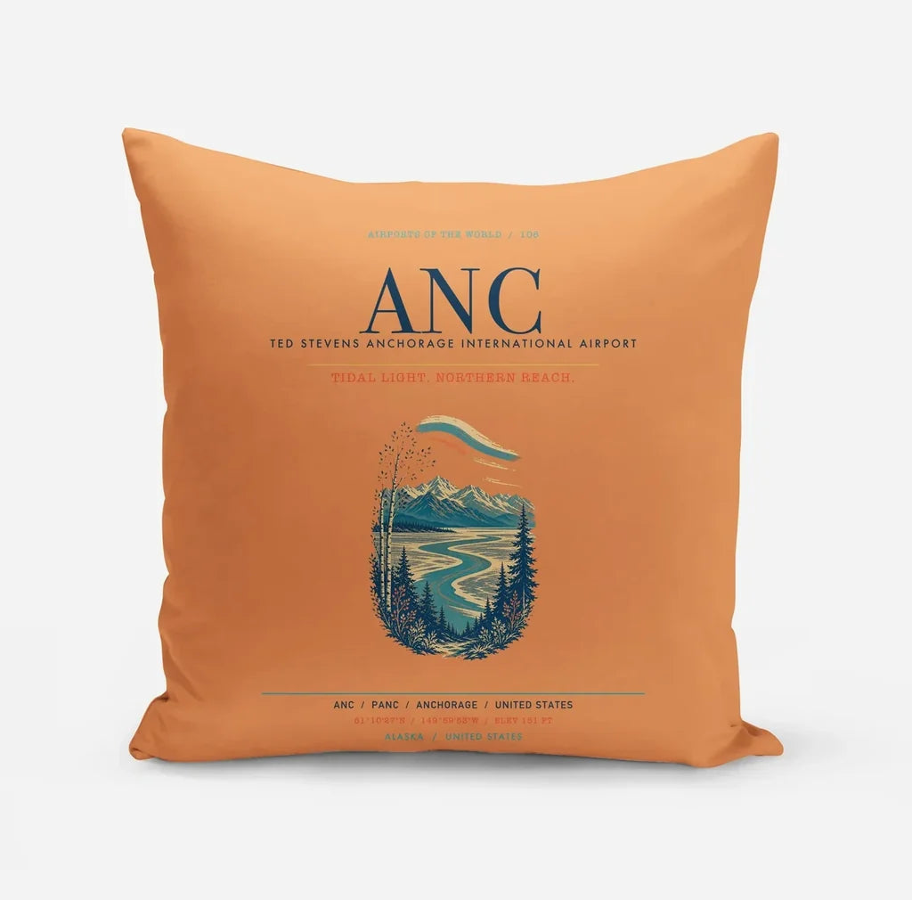 Ted Stevens Anchorage International Airport (ANC) design on orange pillow