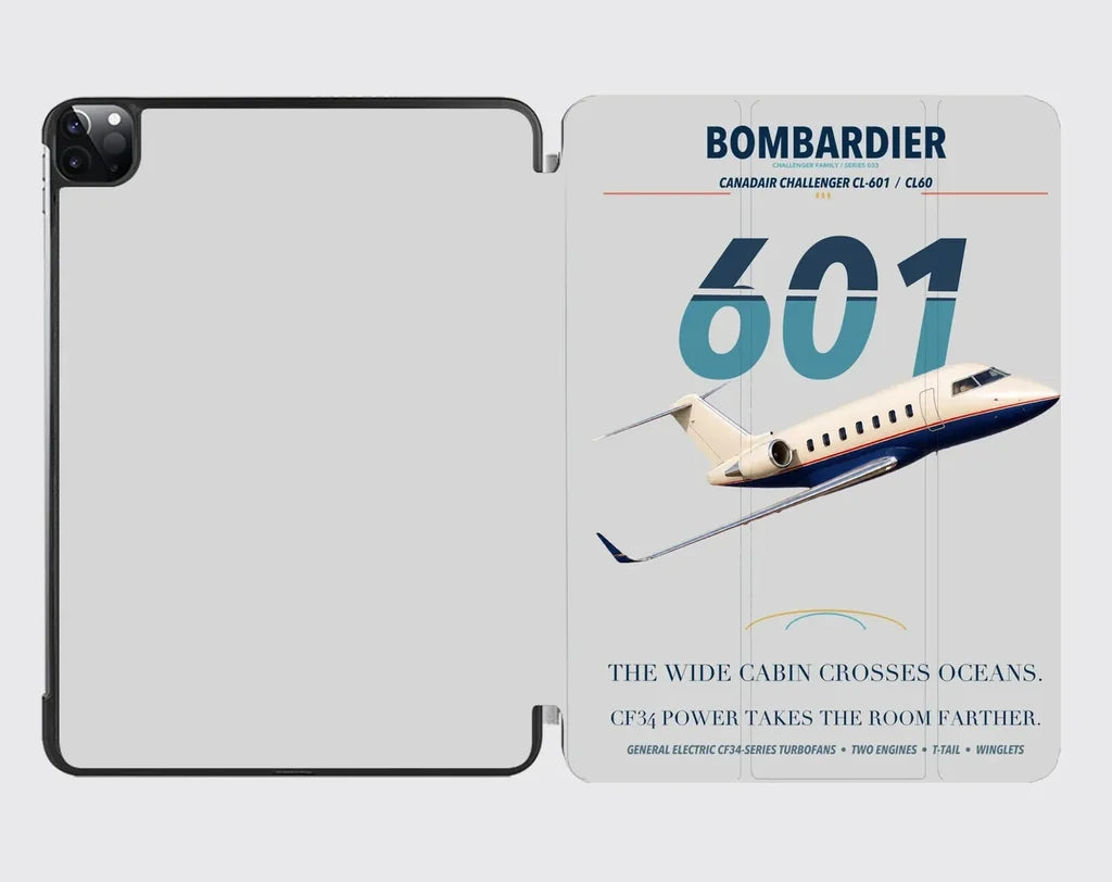 Bombardier Challenger 601 design on light gray ipad tablet case