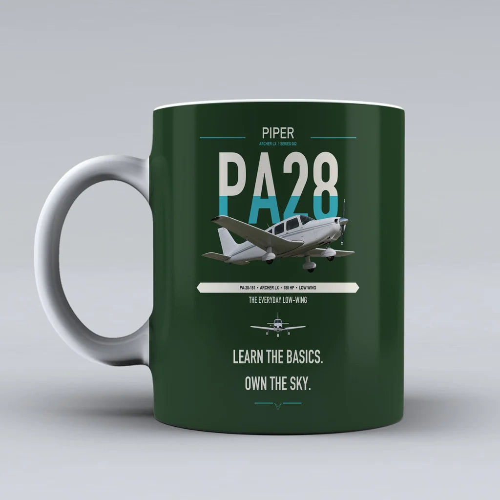 Piper PA-28-181 Archer LX design on dark green ceramic mug, double-side print