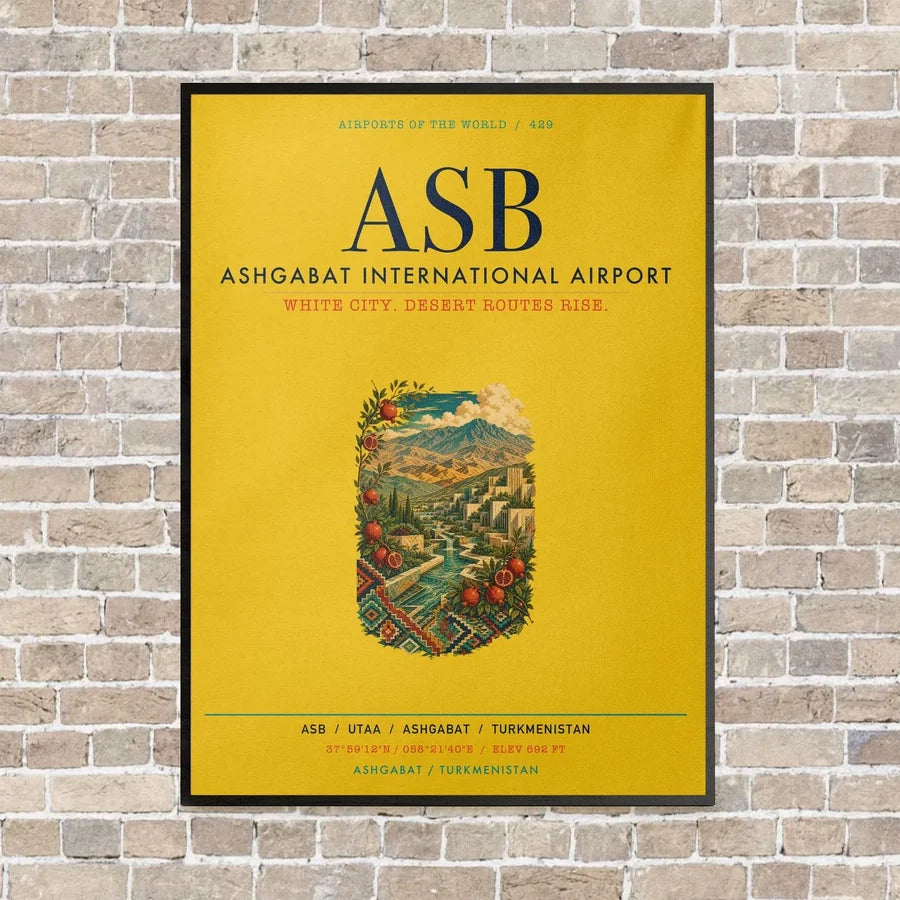 Ashgabat International Airport ASB vertical canvas print - framed - yellow background